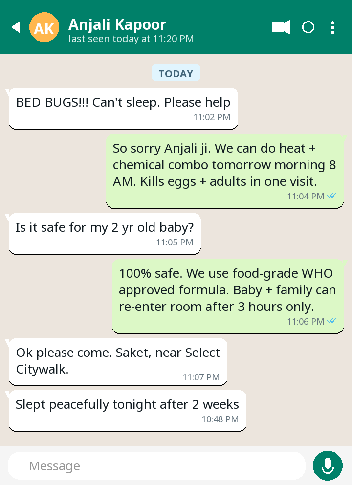 WhatsApp testimonial from Anjali Kapoor — Bed Bug Treatment in Saket