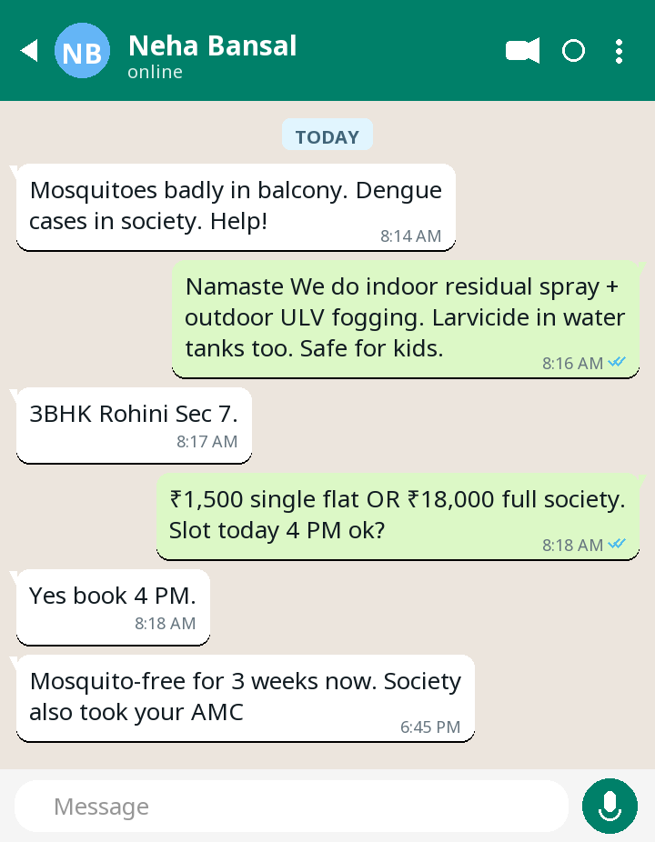 WhatsApp testimonial from Neha Bansal — Mosquito Fogging in Rohini Sec 7
