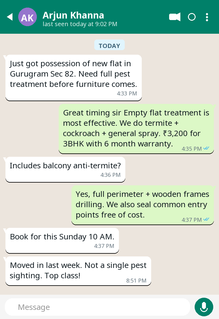 WhatsApp testimonial from Arjun Khanna — New Flat Treatment in Gurugram Sec 82
