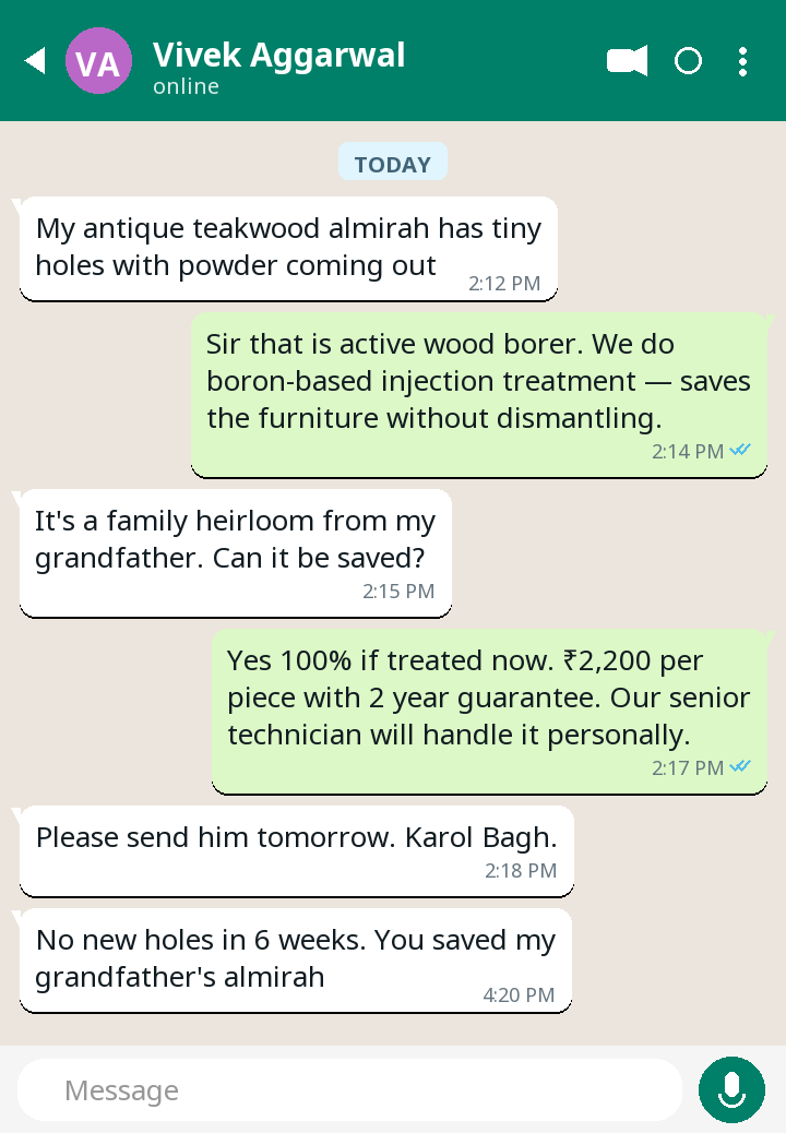 WhatsApp testimonial from Vivek Aggarwal — Wood Borer in Karol Bagh