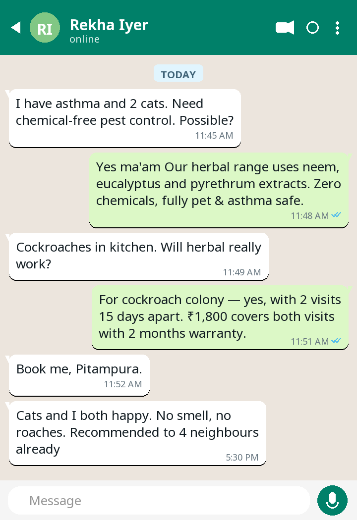 WhatsApp testimonial from Rekha Iyer — Herbal Pest Control in Pitampura